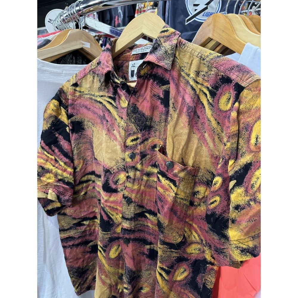 Vintage 1980s Multi Color Abstract Geometric Rayon Polo Shirt Size Medium